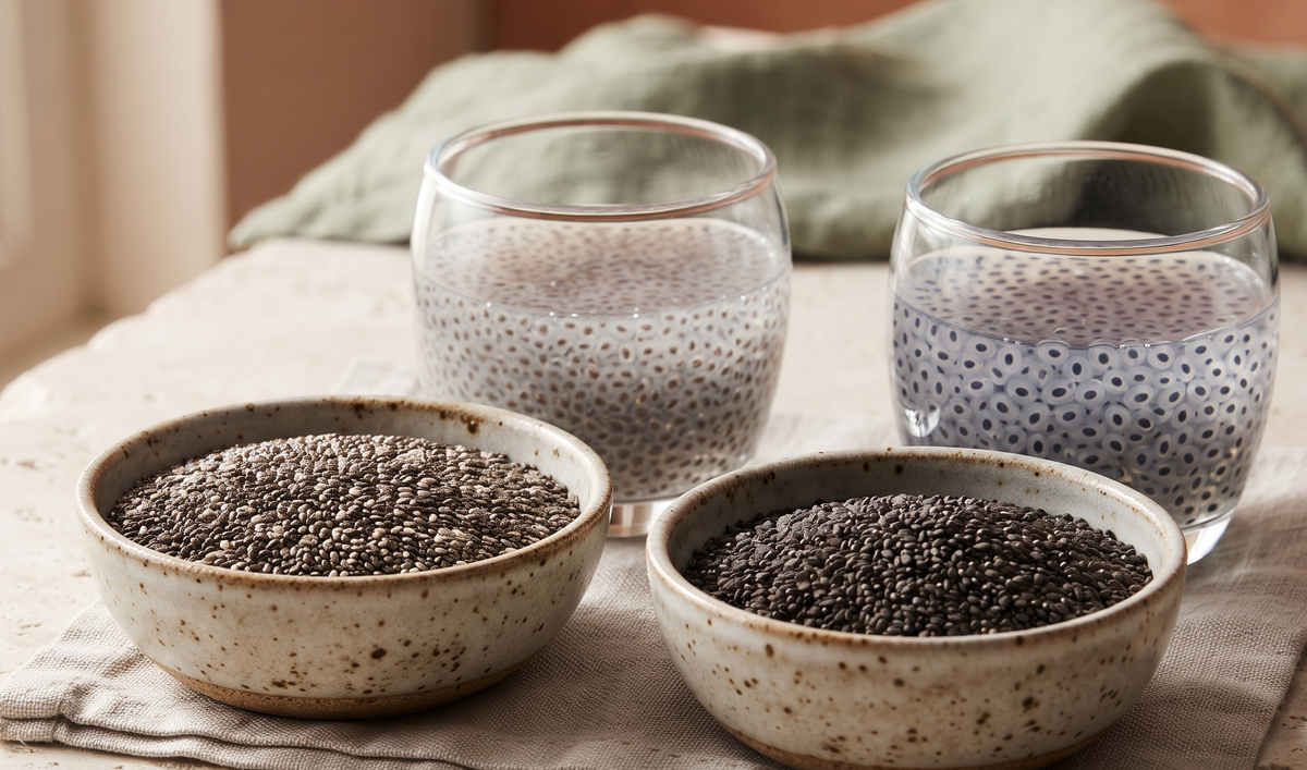 Dry and soaked chia seeds and basil seeds arranged side by side for comparison
