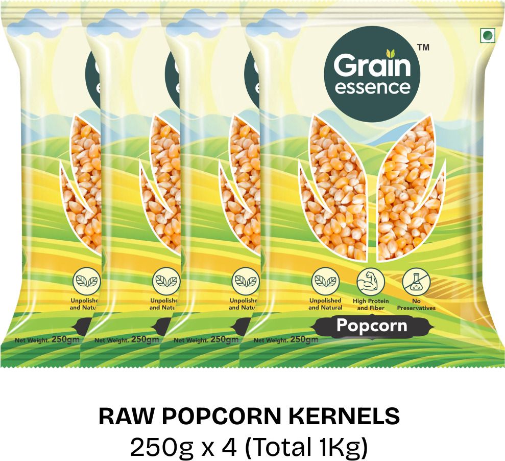 GRAIN ESSENCE Popcorn Kernels, Raw Corn for Fresh Homemade Popcorn Natural Maize Seeds Raw Maize Popcorn (1 kg, Pack of 4)