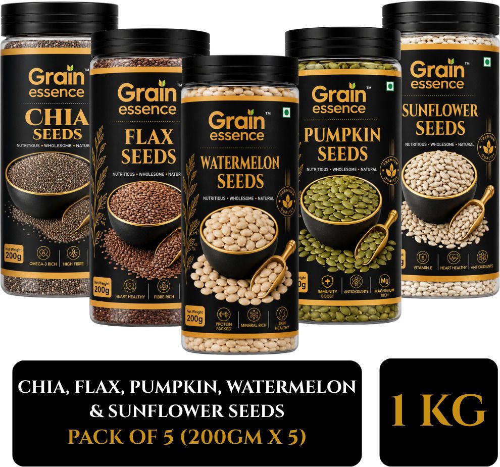 GRAIN ESSENCE GRAIN ESSENCE Premium Chia, Flax, Pumpkin, Sunflower, Watermelon Seeds Combo Chia Seeds, Brown Flax Seeds, Pumpkin Seeds, Sunflower Seeds, Watermelon Seeds (5 x 200 g)