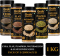 GRAIN ESSENCE GRAIN ESSENCE Premium Chia, Flax, Pumpkin, Sunflower, Watermelon Seeds Combo Chia Seeds, Brown Flax Seeds, Pumpkin Seeds, Sunflower Seeds, Watermelon Seeds (5 x 200 g)