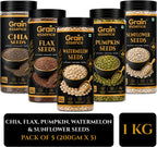 GRAIN ESSENCE GRAIN ESSENCE Premium Chia, Flax, Pumpkin, Sunflower, Watermelon Seeds Combo Chia Seeds, Brown Flax Seeds, Pumpkin Seeds, Sunflower Seeds, Watermelon Seeds (5 x 200 g)