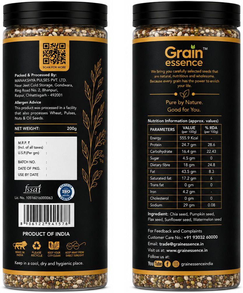 GRAIN ESSENCE Grain Essence 5-in-1 Seed Mix | Chia, Flax, Pumpkin, Sunflower & Watermelon Seed Brown Flax Seeds, Chia Seeds, Pumpkin Seeds, Sunflower Seeds, Watermelon Seeds (200 g) - view 2