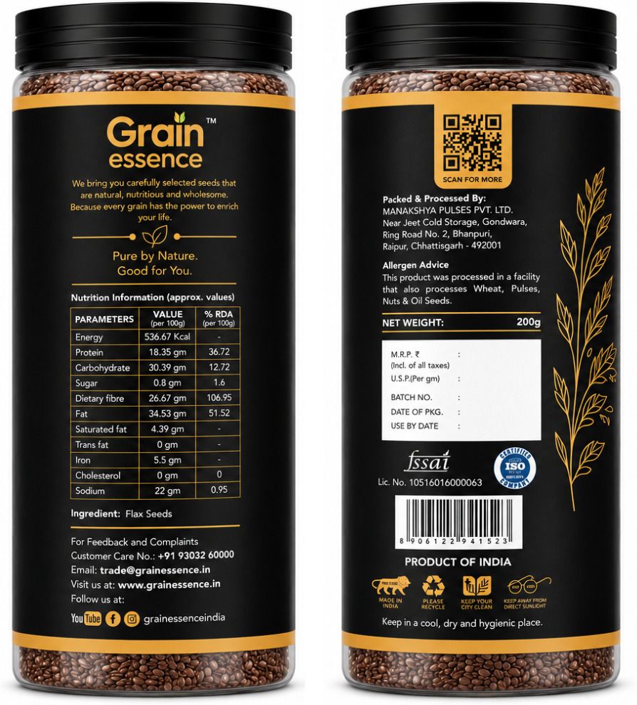 GRAIN ESSENCE Grain Essence Chia & Flax Seeds Combo | 100% Natural, Raw & Unpolished Superfood Chia Seeds, Brown Flax Seeds (2 x 200 g) - view 3