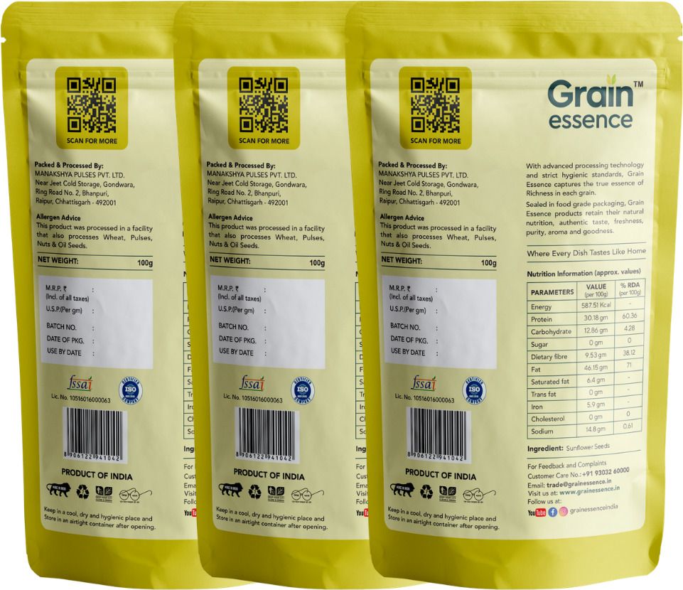 GRAIN ESSENCE Grain Essence Premium Sunflower Seeds | 100% Natural, Raw & Unroasted | Sunflower Seeds (3 x 100 g) - view 2