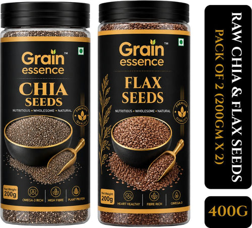 GRAIN ESSENCE Grain Essence Chia & Flax Seeds Combo | 100% Natural, Raw & Unpolished Superfood Chia Seeds, Brown Flax Seeds (2 x 200 g)