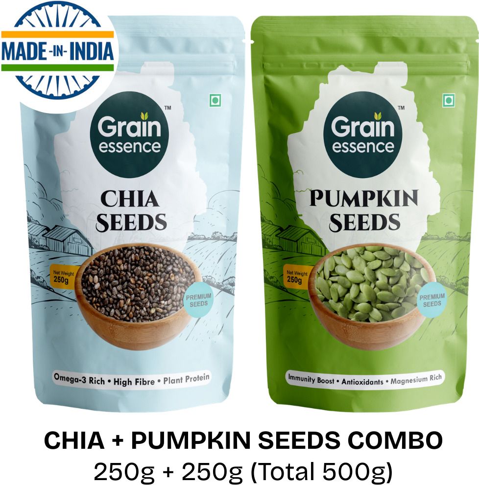 GRAIN ESSENCE Chia Seeds + Pumpkin Seeds Combo | Omega 3 Rich | High Fibre | Magnesium Rich Chia Seeds, Pumpkin Seeds (2 x 250 g)