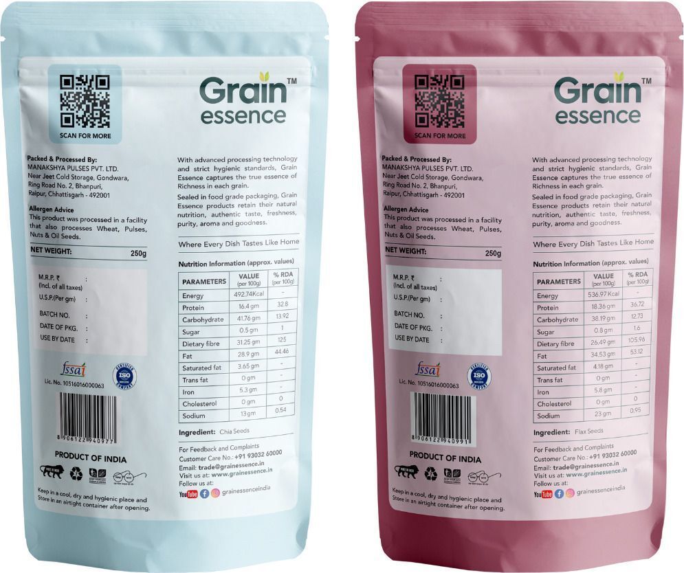 GRAIN ESSENCE Grain Essence Chia & Flax Seeds Combo | 100% Natural, Raw & Unpolished Superfood Chia Seeds, Brown Flax Seeds (2 x 250 g) - view 2