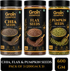 GRAIN ESSENCE GRAIN ESSENCE Premium Combo of Chia Seeds, Flax Seeds, Pumpkin Seeds | Brown Flax Seeds, Chia Seeds, Pumpkin Seeds (3 x 200 g)