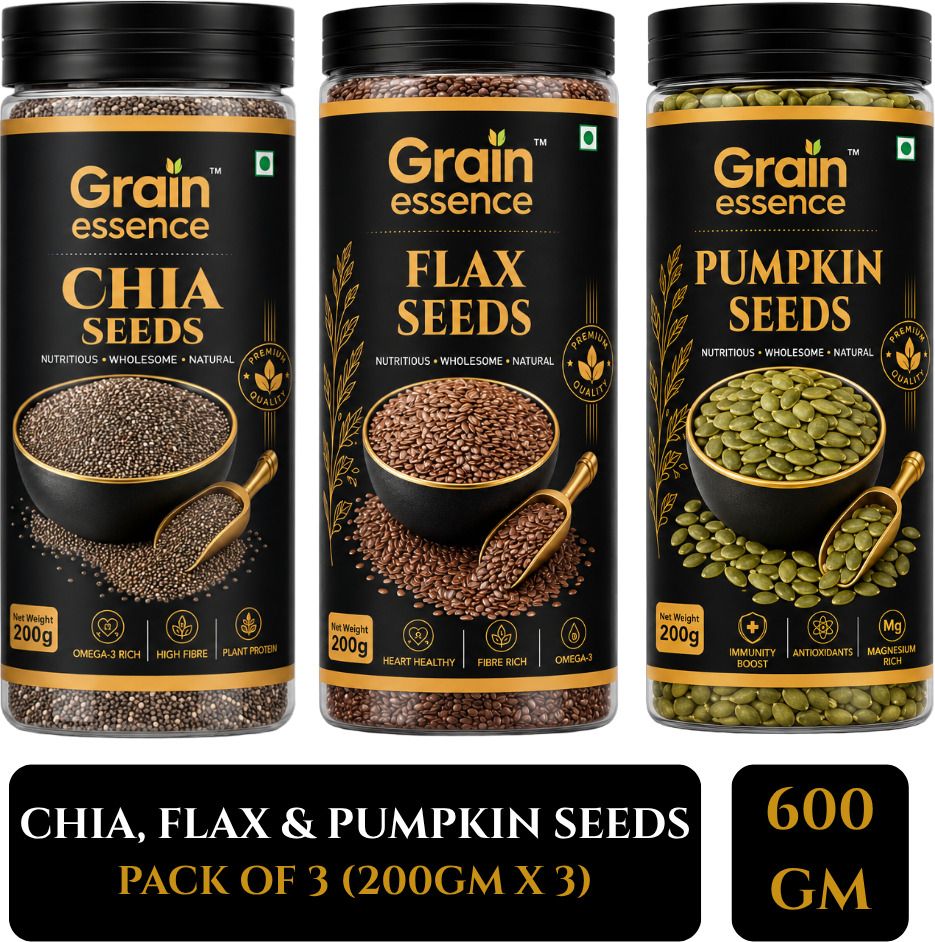 GRAIN ESSENCE GRAIN ESSENCE Premium Combo of Chia Seeds, Flax Seeds, Pumpkin Seeds | Brown Flax Seeds, Chia Seeds, Pumpkin Seeds (3 x 200 g)