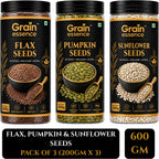 GRAIN ESSENCE GRAIN ESSENCE Premium Combo of Flax, Pumpkin & Sunflower Seeds | Brown Flax Seeds, Pumpkin Seeds, Sunflower Seeds (3 x 200 g)