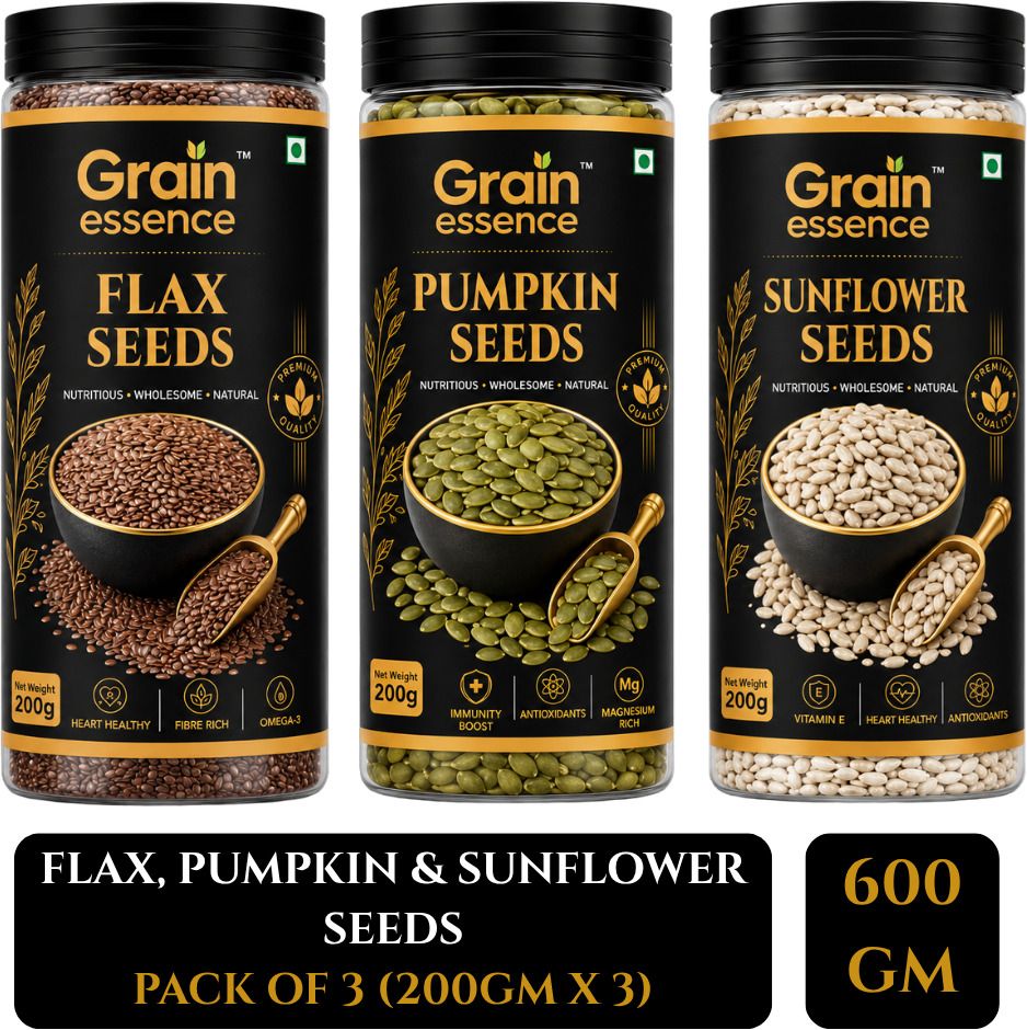 GRAIN ESSENCE GRAIN ESSENCE Premium Combo of Flax, Pumpkin & Sunflower Seeds | Brown Flax Seeds, Pumpkin Seeds, Sunflower Seeds (3 x 200 g)