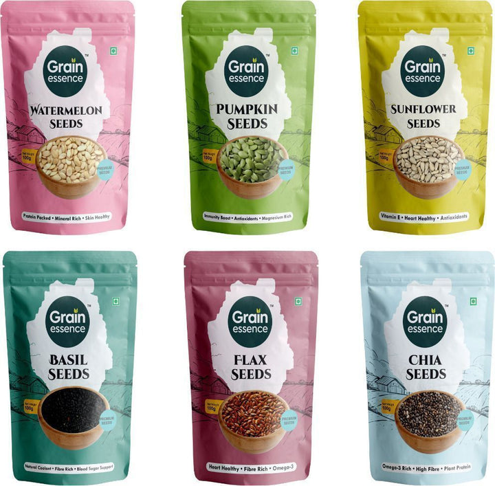 6 Seeds Combo | Pumpkin Seeds, Watermelon Seeds, Sunflower Seeds, Brown Chia Seeds, Basil Seeds, Brown Flax Seeds