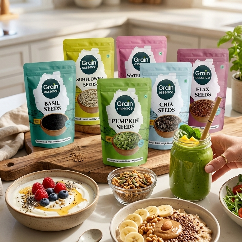 6 Seeds Combo | Pumpkin Seeds, Watermelon Seeds, Sunflower Seeds, Brown Chia Seeds, Basil Seeds, Brown Flax Seeds