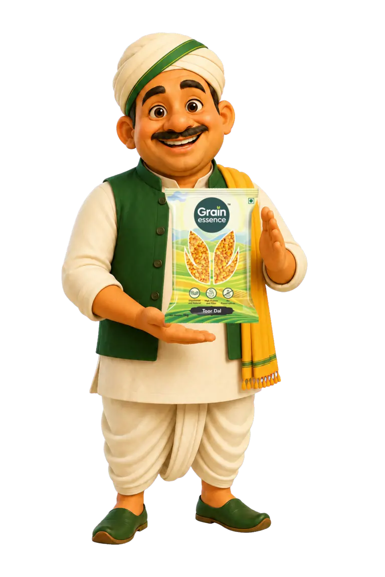 Grain Essence farmer presenting a one-kilogram pack of Grain Essence Toor Dal