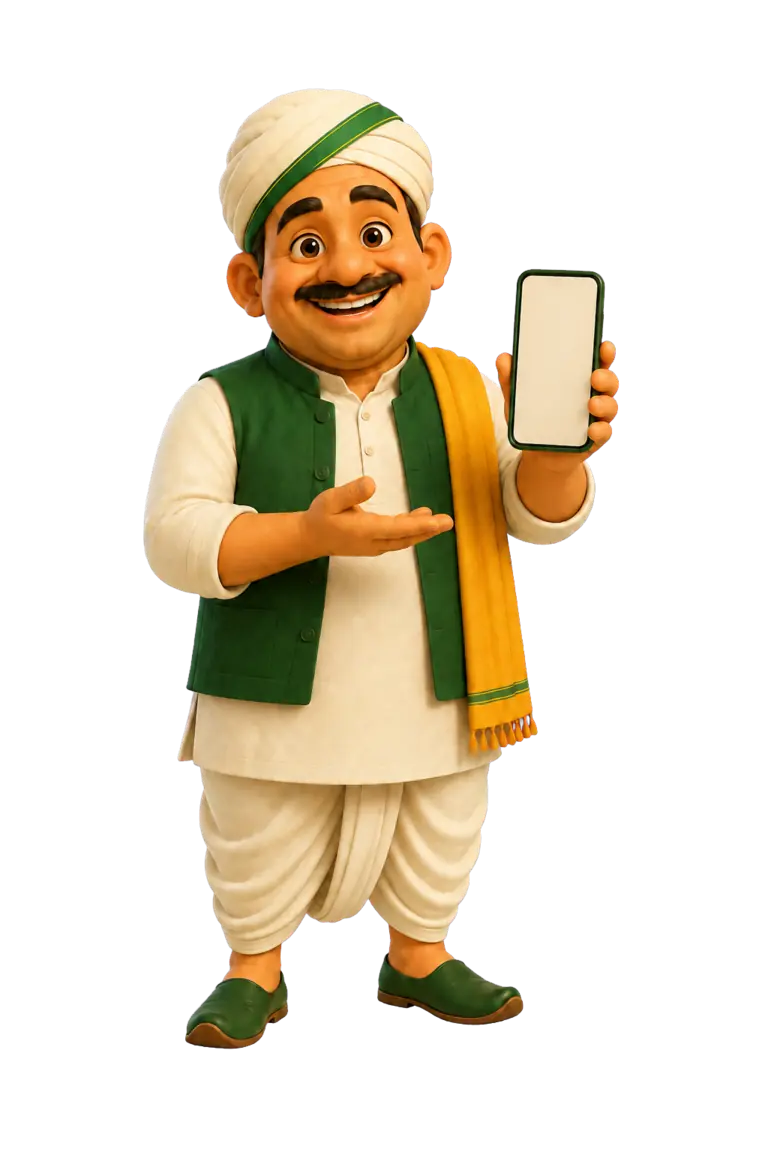 Kisan Kaka holding a phone for Grain Essence WhatsApp support