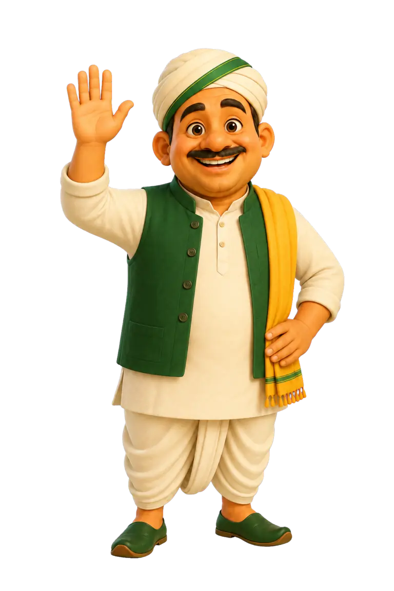 Kisan Kaka waving beside an empty Grain Essence cart